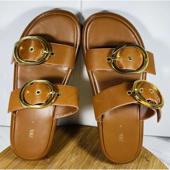 ZARA BUCKLED LEATHER WEDGE SANDALS BROWN SIZE 6.5 - Picture 7 of 8